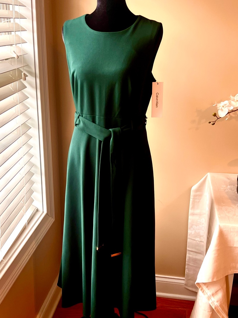 Calvin Klein Forest Green Sleeveless Belted Midi Dress